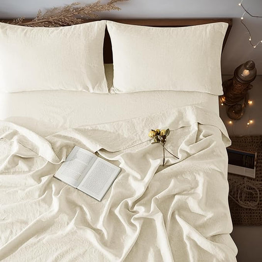 LBRO2M 100% Linen Sheet Set 16" Deep Pocket Queen Size,Bed Sheets 4 Piece Sets,Solid Color Natural Flax Bed Sheets Soft Breathable Bedding, All Season (Queen, Beige)