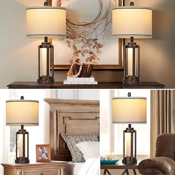 Farmhouse Lamps with USB A+C Charging Ports & AC Outlet, Rustic Vintage Industrial Table Lamps Metal Lamp with Glass LED Night Light & Beige Fabric Shade for Living Room Bedrooms Nightstand Bronze