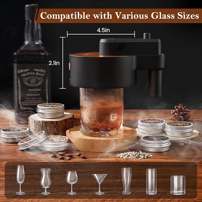 Premium Whiskey Smoker Kit with Torch, 6 Flavors Wood Chips, 2 Glasses, 2 Ice Ball Molds, Old Fashioned Drink Cocktail Smoker Kit, Birthday Bourbon Gifts for Men, Dad, Husband, Black&Brown (NO Butane)