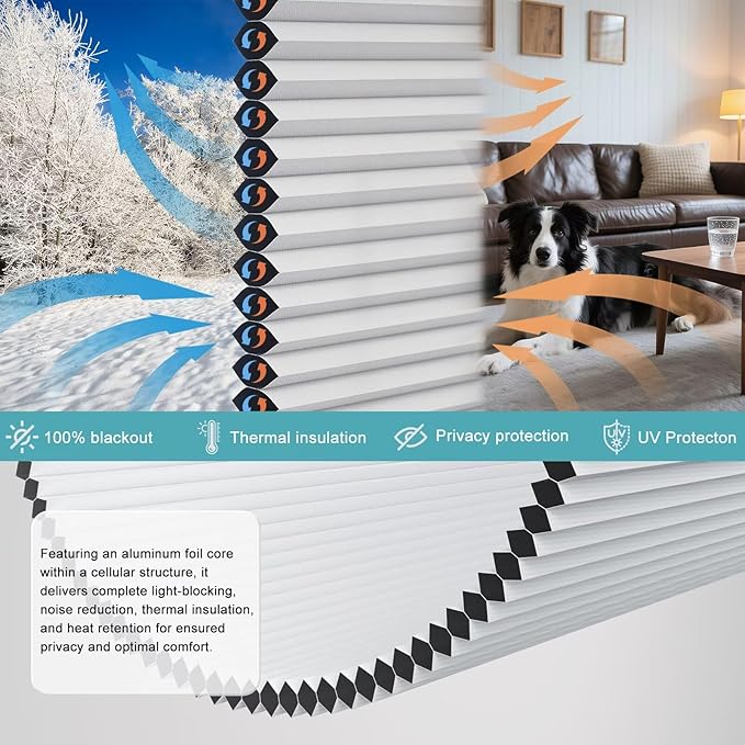MYshade Top Down Bottom Up（TDBU） Cellular Shades, 1.5 inch Cordless Blackout Honeycomb Pleated Blinds for Windows Home Bedroom Office, Light Control, Thermal Insulated, 36" W x 72" H, White
