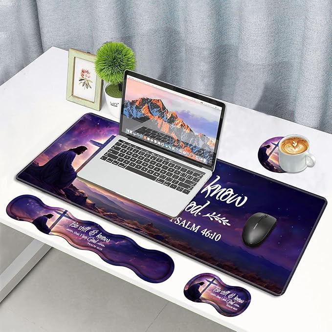 Ergonomic Memory Foam Mouse Pad Wrist Rest Set, Large Gaming Desk Pad + Keyboard Wrist Rest + Mouse Wrist Cushion + Coaster for Home Office Study Gaming, Christian Cross Quote Bible Verse Psalm 46:10