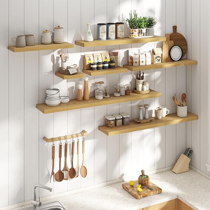 40 Inch Floating Shelves for Wall Set of 2, 8"D Wood Grain Bathroom Shelves with Invisible Brackets, Easy Install Engineered Wood Storage Shelves for Kitchen, Living Room, Bedroom, Oak Finish