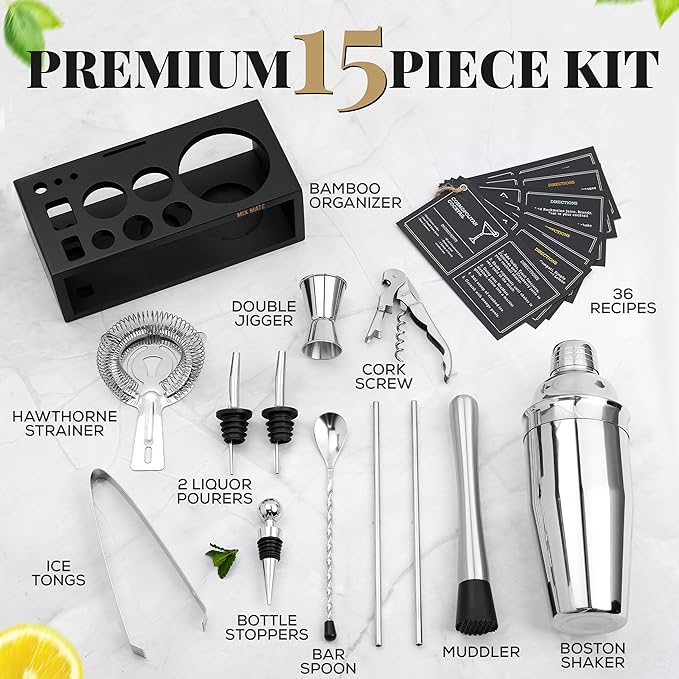 Mixology Bartender Kit with Stand - 15 Piece Bar Tool Set, Silver Bar Set Cocktail Shaker Set for Drink Mixing - Includes Martini Shaker, Jigger, Strainer, Bar Mixer Spoon, Tongs, Opener | Gift Idea