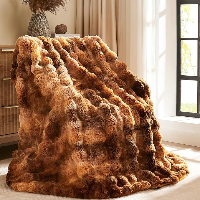 L'AGRATY Faux Fur Throw Blanket: 90" x 90" Luxury Soft Fluffy Thick Rabbit Fur Blankets for Queen Bed Couch - Cozy Plush Bubble Blankets for Home Decor: Warm Flannel Fleece Decorative Blanket