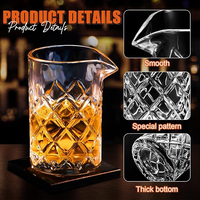 Dandat Cocktail Mixing Glass Crystal Stirring Glass Thick Bottom Seamless Cocktail Pitcher for Home Bartender Bar Whiskey Martini Drink Shaker Accessories (4 Pcs,17 oz)