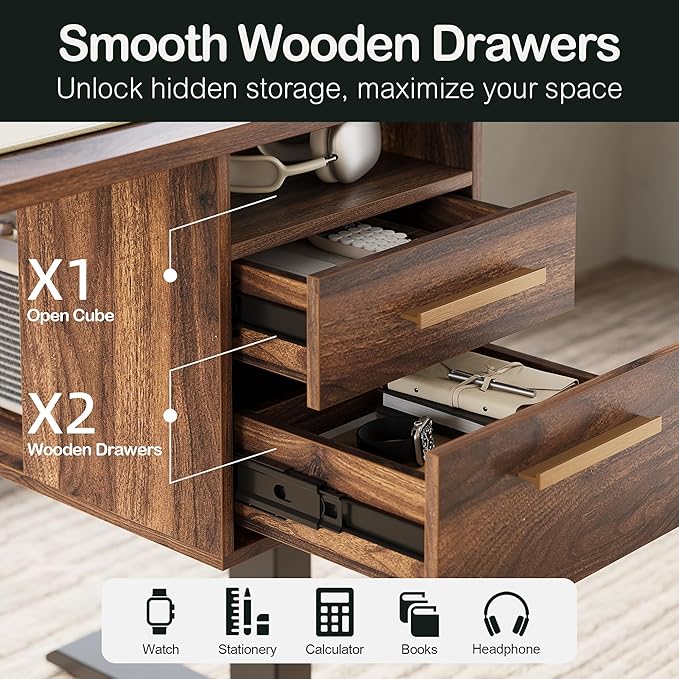 Electric Standing Desk with 4 Drawers, 47.2 x 23.6 Inch Height Adjustable Whole Piece Sit Stand Desk, Computer Home Office Workstation with Open Storage Shelf, Black Walnut