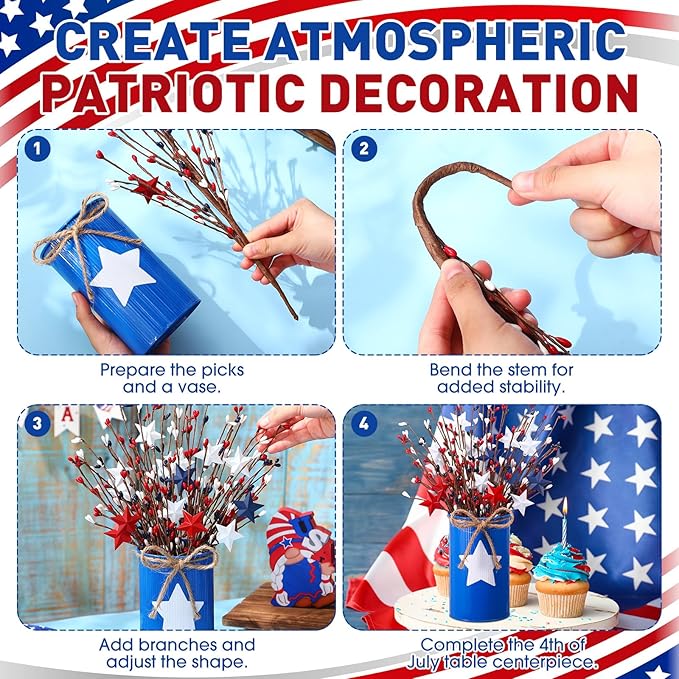 4th of July Table Centerpiece Decoration Patriotic Artificial Flower Stems Star Shaped Berry Picks with Metal Vase Pot for Independence Day Memorial Day Office Home(Blue and White)