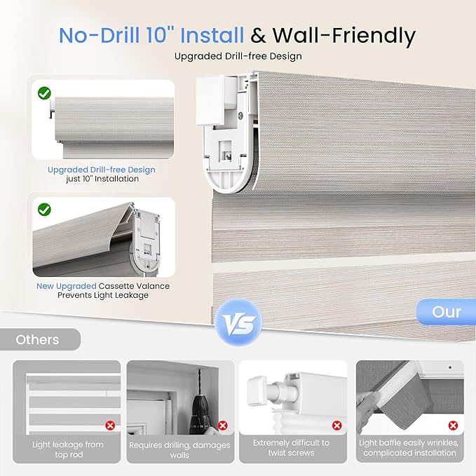 Grandekor No Drill Zebra Blinds for Windows,Cordless Zebra Shades Dual Layer, Pull Down Roller Shades Free-Stop,Custom Sizes,Silky Khaki,Easy to Install for Home, Office, Bedroom