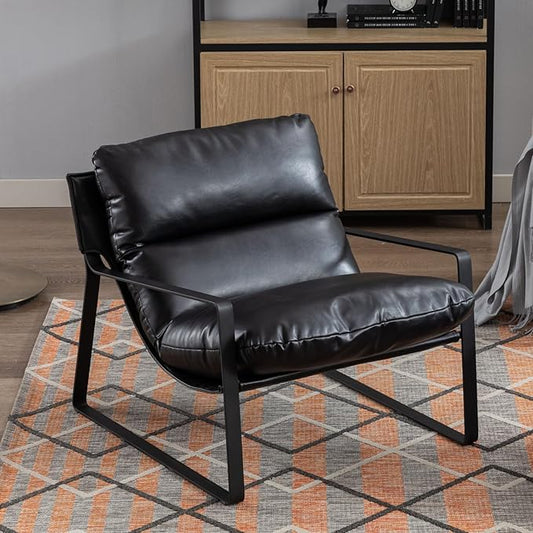 HEAH-YO Modern Accent Chair Set of 1, PU Faux Leather Living Room Chair with Removable Cushion and Solid Metal Frame, Comfy Reading Chair for Bedroom, Black