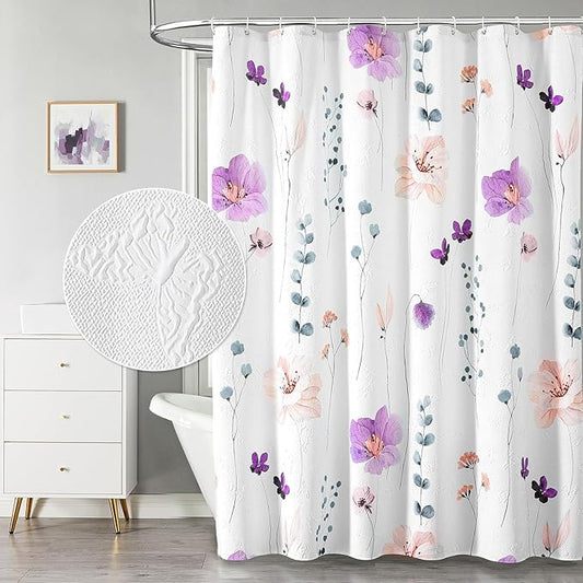 QIYI Watercolor Floral Shower Curtain, 3D Embossed Butterflies Purple Pink Flower Bathroom Curtain, Minimalist White Cloth Bath Curtains, Waterproof Fabric Texture Shower Curtain Set with Hooks, 72x72