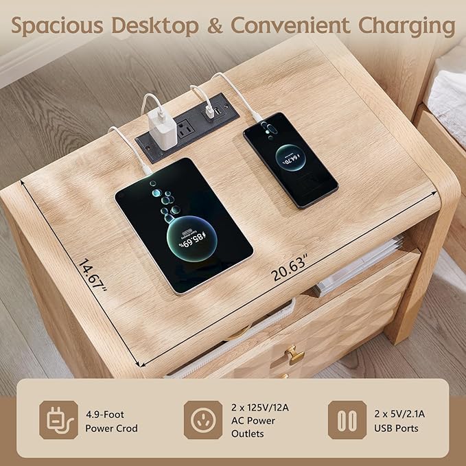 Modern Night Stand Set 2, 23.62" Wide Wood Side Table w/2 Storage Drawers &Open Shelf &Charging Station, Mid Century Modern Bedside w/Diamond Panel Decorate for Bedroom, Curved Profile Design, Natural