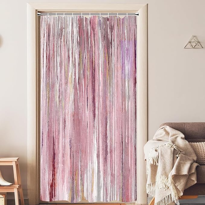JAWO Small Stall Shower Curtain 47x64 Half Size - Pink Abstract Waterproof Fabric Shower Curtains for Bathroom, Cute Modern Aesthetic Abstract Strip RV Camper Narrow Bath Curtain with Hooks
