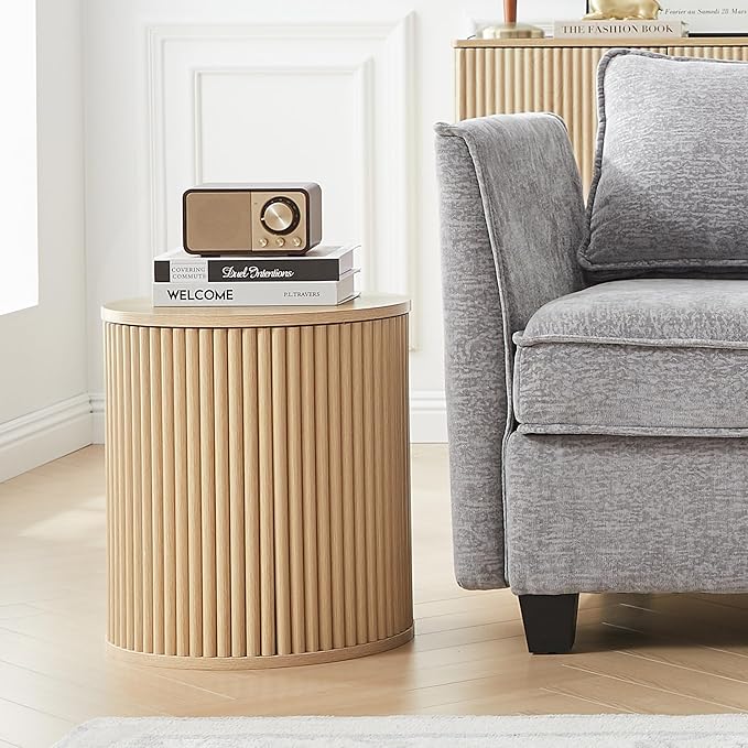AVZEAR Fluted Round Side Table with Storage, Small End Table Modern Boho Nightstands, Circle Bedside Tables Bohemian Accent Table Wood Night Stand for Small Spaces, Living Room, Bedroom (Nature)