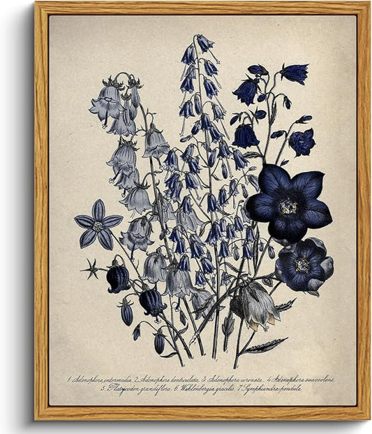 VIYYIEA Vintage Framed Botanical Wall Art Decor, Living Room Bedroom Blue Campanula Pictures Retro Wall Decor, Framed Canvas Prints Artwork, Farmhouse Flower Paintings,8x10 Inch