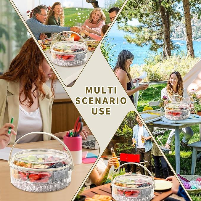 Fruit Ice Divided Serving Tray with Lid and handle,Chilled Veggie Tray,Shrimp Cocktail Serving Dish,Ideal Cold Chilled Serving Platter for Parties,Vegetables,Appetizer,Salads,Picnic,Appetizers,Travel