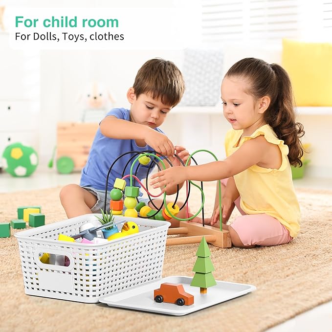 8-Pack White Plastic Storage Baskets with Lids, Label Organizers, Stackable Organizer Containers: For Organizing Shelves, Drawers, Desk Closets, Playrooms, Classrooms, Offices