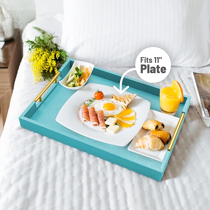 17" x 12" Wood Serving Tray with Gold Polished Metal Handles, Home Decorative Wooden Rectangle Ottoman Leather Decor Platter Bathroom Vanity Tray for All Occasions Blue