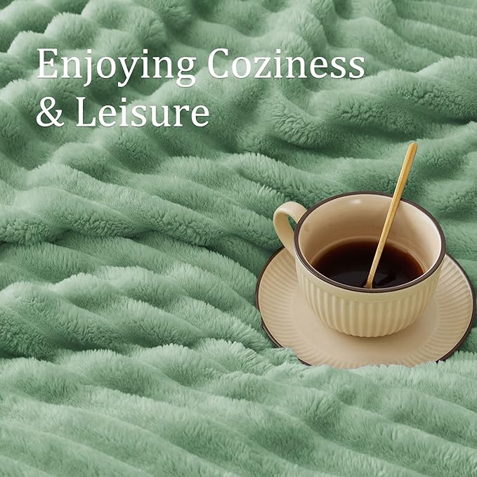 BEDELITE Fleece Throw Blanket for Couch - 300GSM Soft & Warm Fluffy Sage Green Blanket, Decorative and Giftable Striped Blankets for Women, Men, 50"x70"