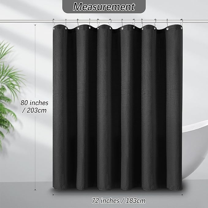 Shower Curtain Black Waffle Textured, 256GSM Heavy Duty Weighted Fabric Shower Curtains, Hotel Quality Luxury Polyester Water Repellent Bathroom Curtain with 12 Hooks, 72Wx80H