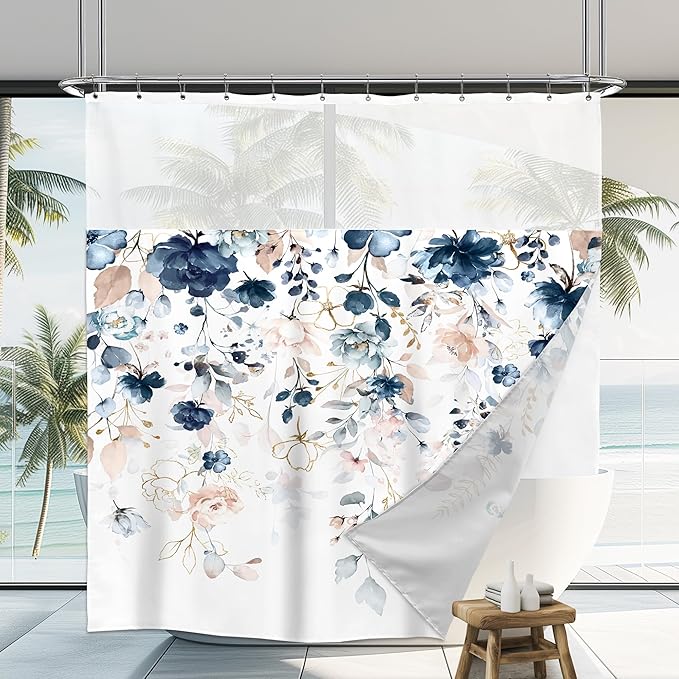 Floral Shower Curtain 72Wx72L Inch with Snap in Liner Spring Blue Pink Flower Eucalyptus Leaf Girl Bathroom Set Watercolor Pastel Plant Botanical Bath Curtain Bathtub Accessories Home Decor
