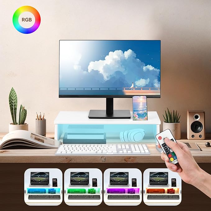 21" Monitor Stand Riser with LED Lights and Phone Holder, Monitor Stand for Desk, Computer Monitor Stand, Desk Shelf for Top of Desk, Desktop Organizer for Laptop, Printer, TV