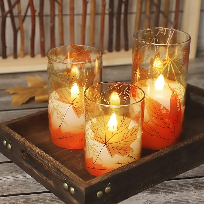 Fall Flameless Candles with Remote Timer Thanksgiving Gift Battery Operated LED Realistic Wax Glass Candles Gold-Red Maple Leaves Decor for Bedroom Home Table Ornament