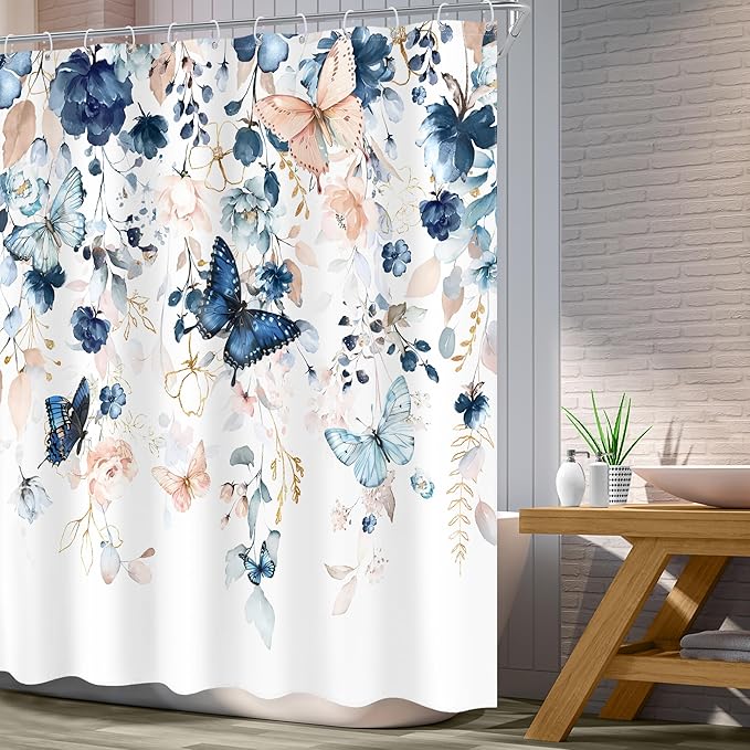 Blue Pink Floral Butterfly Shower Curtain 60Wx72L Inch Spring Summer Plant Natural Botanic Gold Green Leaves Bathroom Set Elegant Country Woman Girl Bath Curtain Bathtub Accessories Home Decor