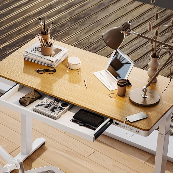 FLEXISPOT Electric Standing Desk with Drawer Storage Adjustable Height Quick Assembly Table w/USB Charge Ports, Child Lock （Natural Desktop + White Frame）