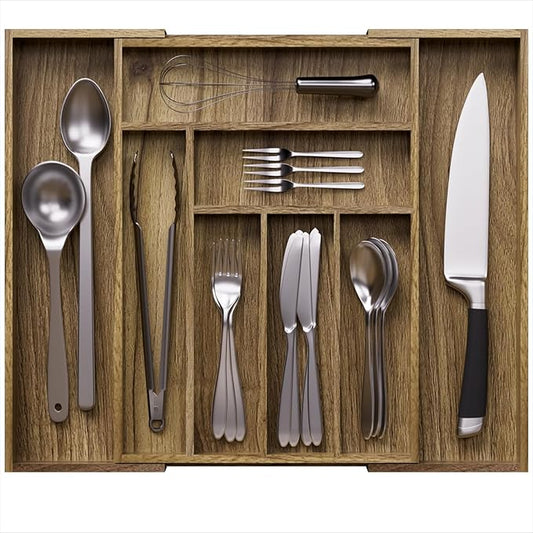 Acacia Wood Kitchen Silverware Drawer Organizer, Expandable Utensil Cutlery Drawer Organizer with Dividers, Flatware Organizer Silverware Tray for Spoon, Fork, 13''-21''x16.9'' (6-8 Slots)