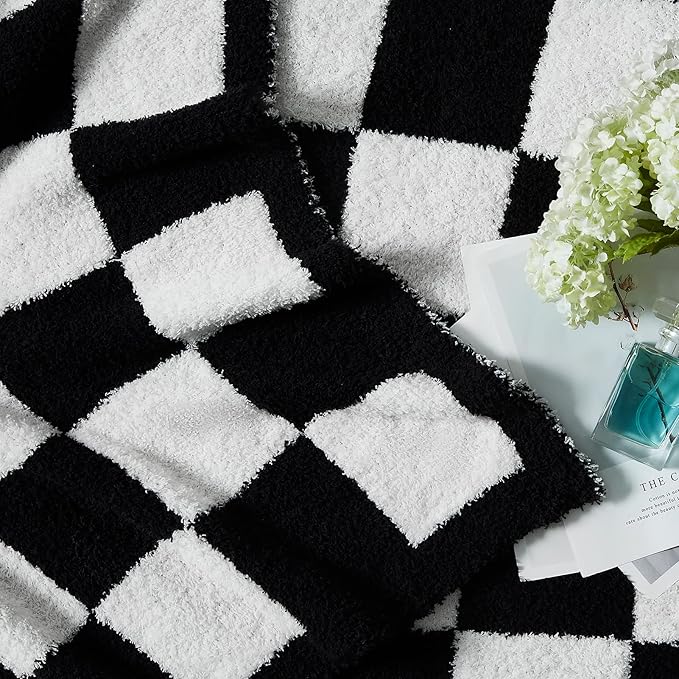 WRENSONGE Checkered Throw Blanket, Black and White Soft Cozy Fluffy Warm Hand Made Throw Blankets for Couch, Sofa, Chair, Bed, Camping, Picnic, Travel Lightweight Bed Blanket - 60"*80"