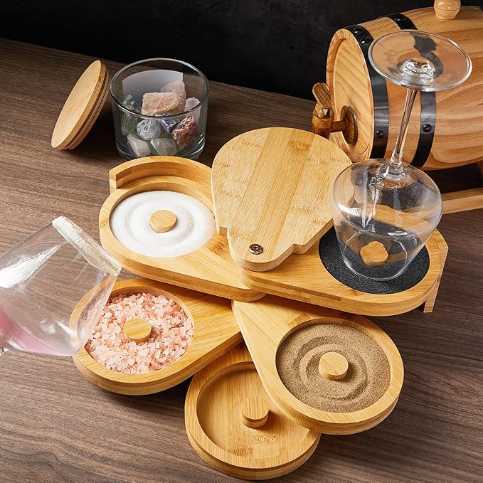 Mifoci Bamboo 5 Tier Margarita Salt Rimmer Set Salt and Sugar Glass Rimmer Set with Lid and 5 Sponges Home Bar Accessories for Cocktails Drinks House Party Bartender Supplies