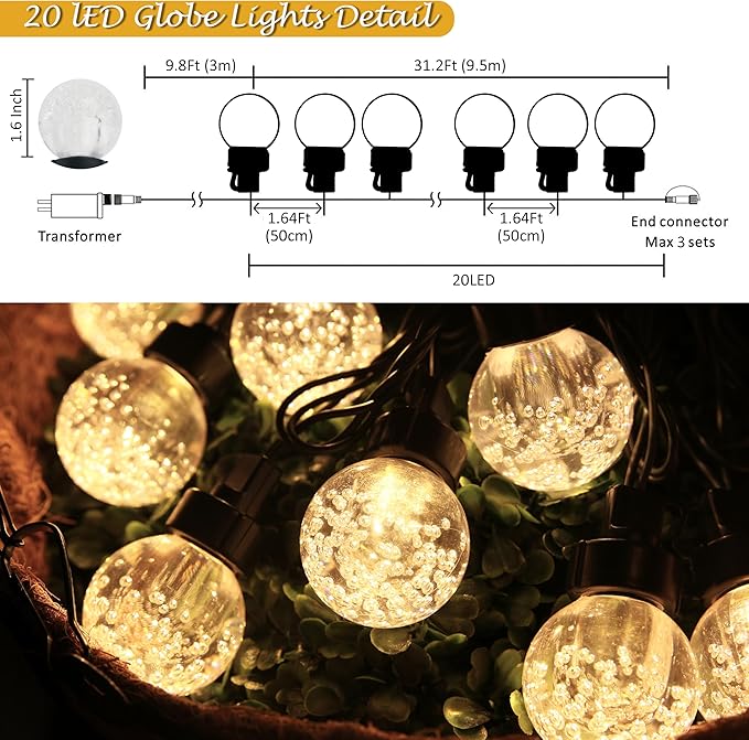 AWQ 20 LED 41FT Globe Ball String Lights, G40 Crystal Bubble Ball Fairy String Lights Plug in with 11 Modes, Timer & Memory Function Extendable for Indoor Outdoor Christmas Home Decor (20)
