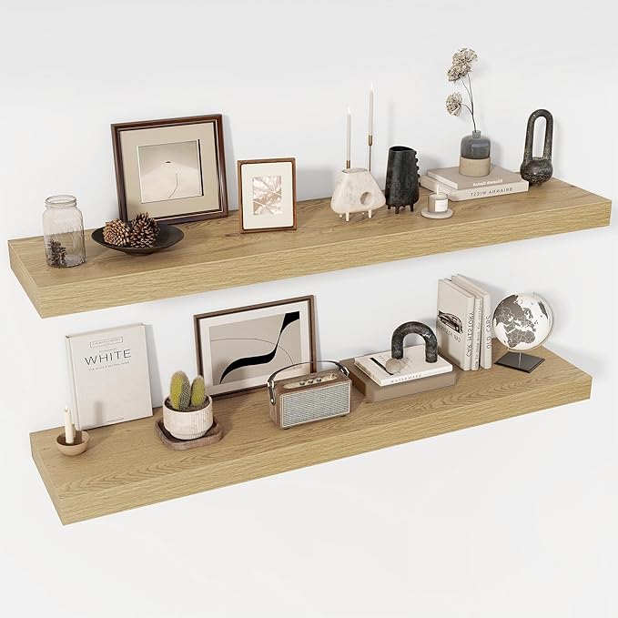 55 Inch Floating Shelves, 12" Deep Floating Shelf Wall Mounted, 55" Wall Shelves, Rustic Deep Bookshelf, Extra Deeper & Thicker Display Shelves for Bedroom, Living Room, Oak, Set of 2