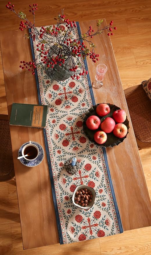 patdrea Designer Vintage Bright Farmhouse Linen Table Runner 71 Inch Long, Maroon Floral Pattern Table Mat, Decoration for Kitchen Dining Table Coffee Table Cabinet Banquet Christmas ,12"*71"
