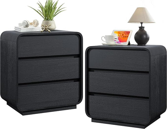 Black Night Stand Set of 2 with Charging Station, 25" Tall Wood Nightstand, Modern Dresser End Table with 3 Storage Drawers, Curved Profile, Mid Century Bedside Table for Bedroom Office