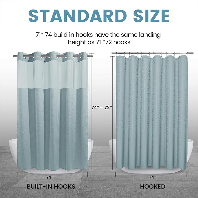 Fog Blue No Hook Shower Curtain with Snap in Liner,230GSM Waffle Weave Shower Curtains for Bathroom,71W x 74H