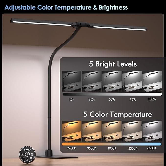 Desk Lamp with Metal Base, 31.5" LED Desk Lamp for Home Office, 24W Double Head Desk Light, Dimmable & Color Temperature, Table Lamp with Remote Control, Brightest Computer Monitor Light