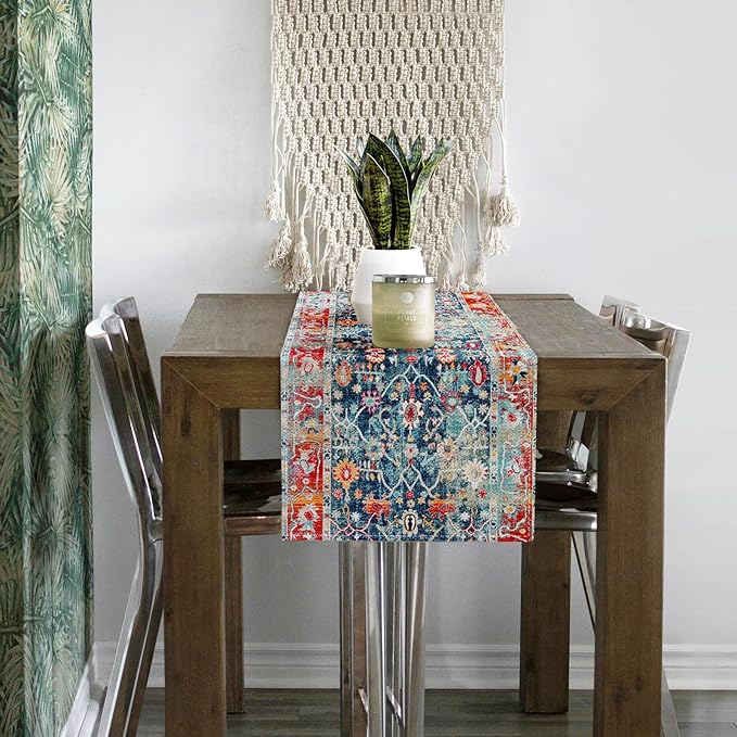 Snycler Table Runner Boho Table Runners Vintage Elegant Farmhouse Table Center Linen Decor for Home Dining Party Entrance (13x72 Inch) Boho-Blue&Red