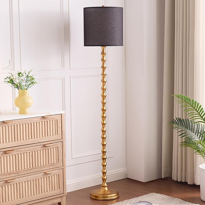 64.5" Gold Floor Lamp with Black Lampshade, Black Gold Floor Lamp for Living Room, Golden Bamboo Standing Lamps for Bedroom, Antique Brass Standing Lamps Tall Skinny for Home Office, Corner