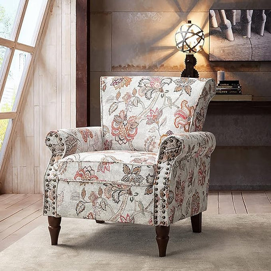 HULALA HOME Modern Wingback Accent Chair with Wood Legs & Removable Cushion, Comfy Upholstered Armchair with Nailhead Trim, Floral Pattern Single Sofa Chair for Living Room Bedroom, Pink