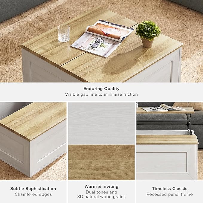 mopio Blake Lift Top Coffee Table with Storage, Modern Farmhouse Square Wood Center Coffee Table with Easy Lifting Top, Chamfered Edge & Soft Closing (White Oak)