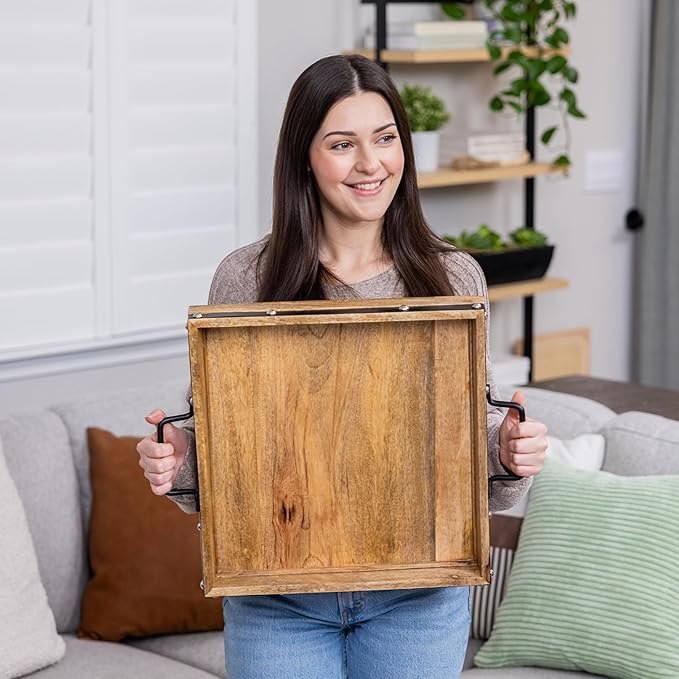 16"x16" Large Square Ottoman Tray, Heavy Duty Mango Wood, for Serving Tea, Breakfast in Bed, Living Room Large Coffee Table Tray Rustic with Farmhouse Style, Decorative Handles and Accent Strap