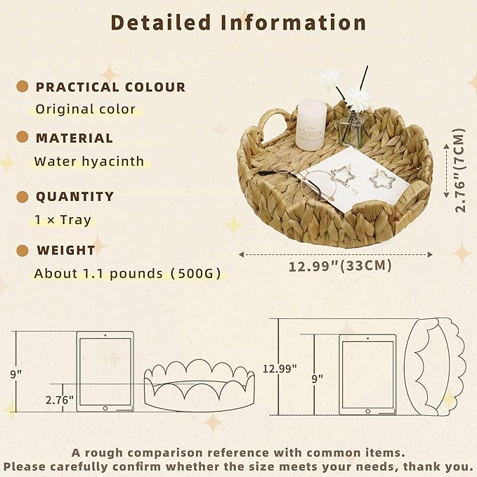 GYASVWU Water Hyacinth Scalloped Tray with Handles,Round Wicker Serving Trays for Coffee Table,Woven Tray for Ottoman Decorative and Organizer Trays (Water Hyacinth)