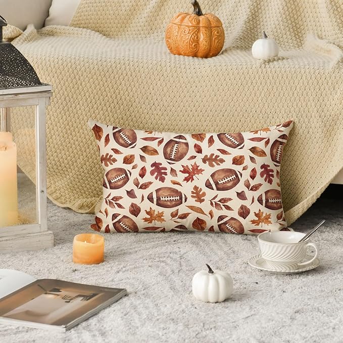 AVOIN colorlife Fall Football Maple Leaves Throw Pillow Cover 12x20 Inch, Seasonal Autumn Thanksgiving Harvest Cushion Case Decoration for Sofa Couch