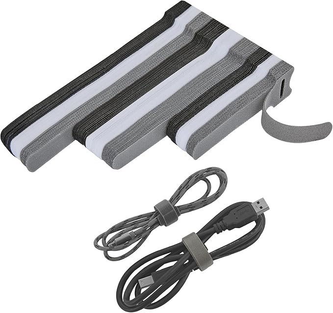 120 PCS Reusable Cable Ties with Hook and Loop, Multi-purpose Adjustable Cable Management Wire Ties Cable Straps for Organizing Home, Office and Data Centers (Black+White+Grey, 4"-6"-8")