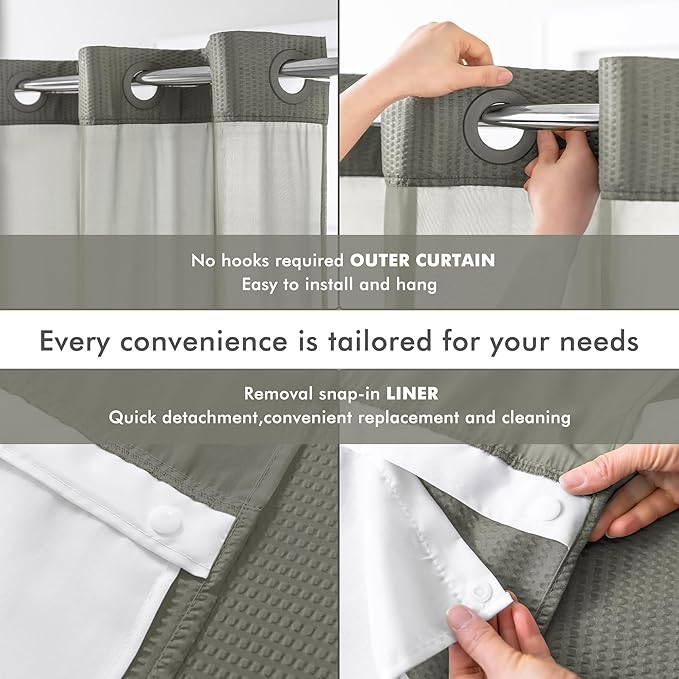 Mrs Awesome No Hook Shower Curtain with Snap-in LinerLess Time On/Off, Embossed Waffle-Look Textured Fabric Shower Curtain for Bathroom, Soft & Lightweight, 71x74, Gray