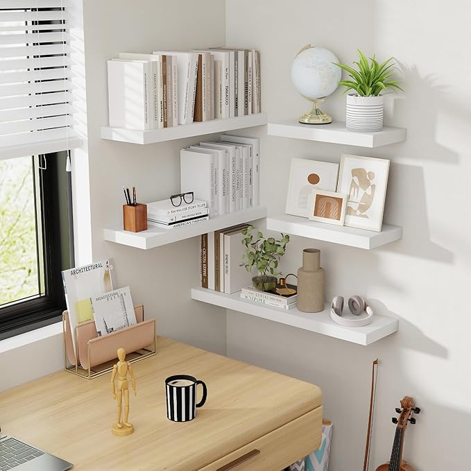 30 Inch Floating Shelves, 8 Inch Deep Floating Shelves for Wall, Hanging Shelf with Invisible Brackets, Deep Shelves for Bathroom, Bedroom, Living Room, White, Set of 2