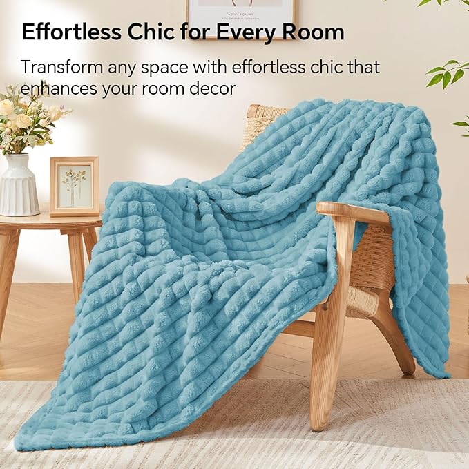 BEDELITE Washed Blue Throw Blanket for Couch and Bed- Super Soft and Warm 3D Checkered Fluffy Fuzzy Fleece Blanket, Luxurious Plush Cozy Blanket for Room Decor Spring, 50x60 inches