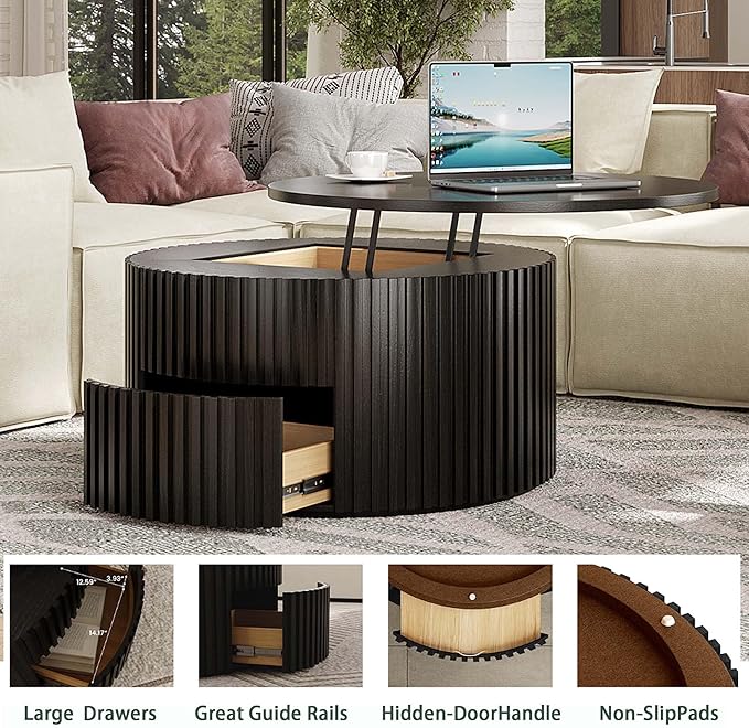 POVISON Round Coffee Table with Storage, Lift Top Coffee Table for Living Room, 39.37" Fluted Mid Century Modern Center Table for Home, Office, Black, Fully Assembled