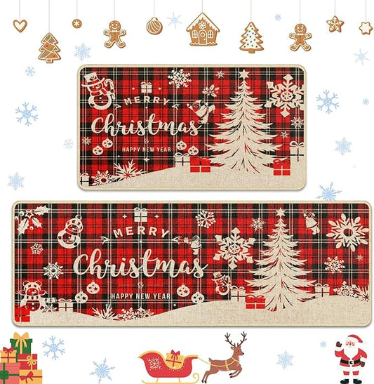 Christmas Red Buffalo Plaid Kitchen Rugs and Mats Non Skid Washable Set of 2, Tree Snowflake Xmas Kitchen Mats for Floor Decor